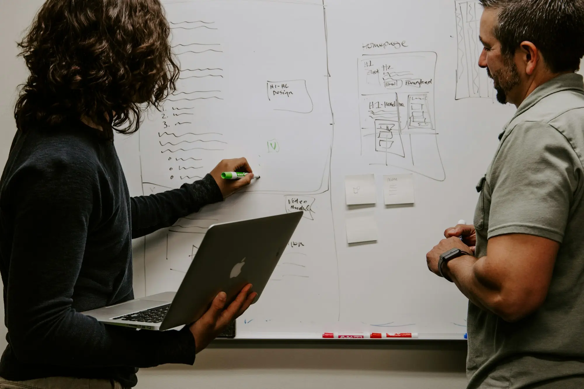 Couple planning their business on a whiteboard at home